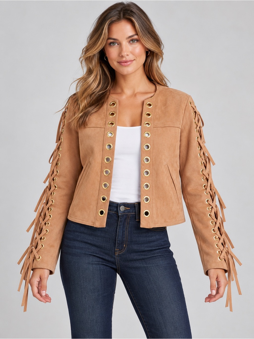 HOUSE OF CB Fringe Lace-Up Faux Suede Jacket